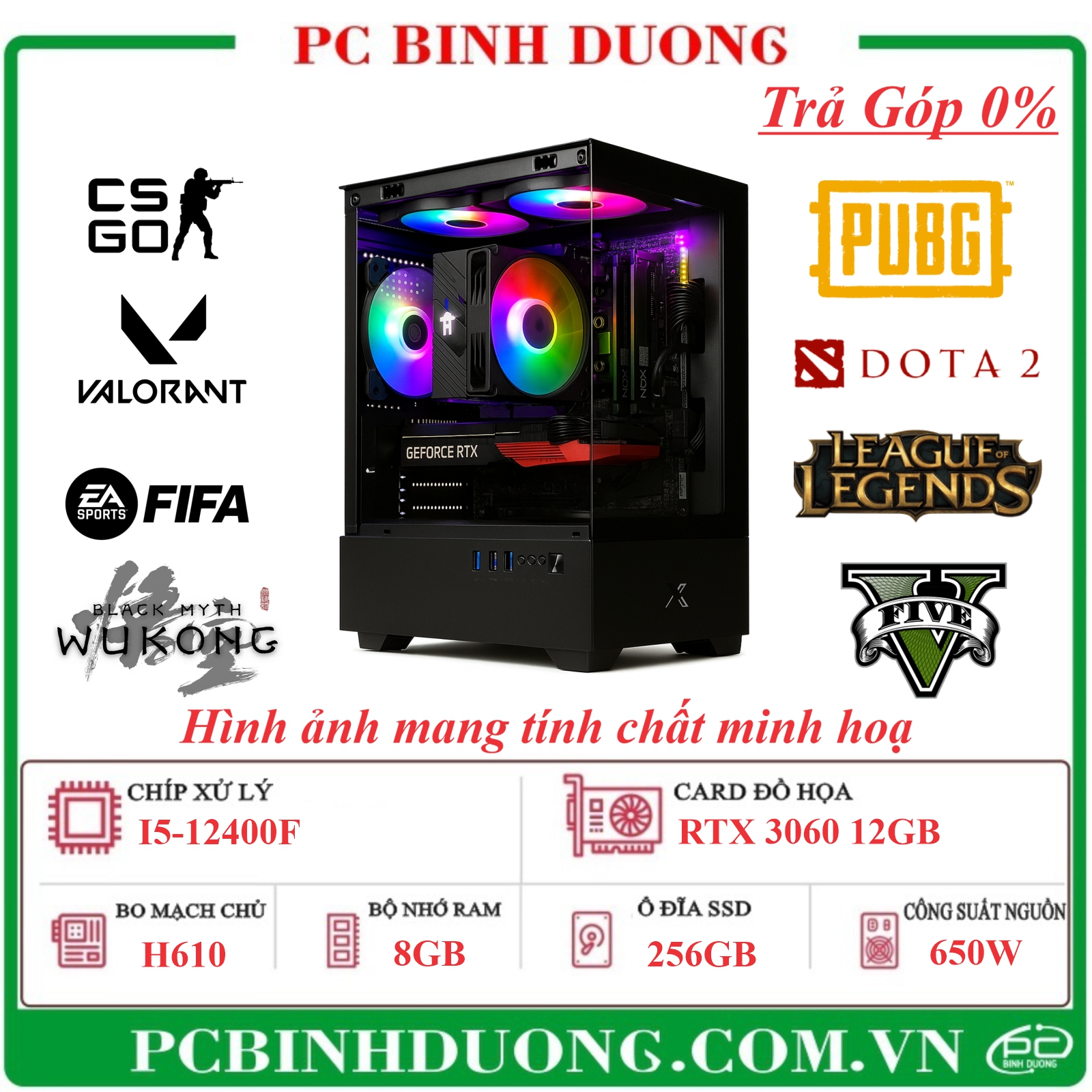 PC Gaming Rem H610/I5-12400F/8GB/256GB/RTX3060-12GB/650W